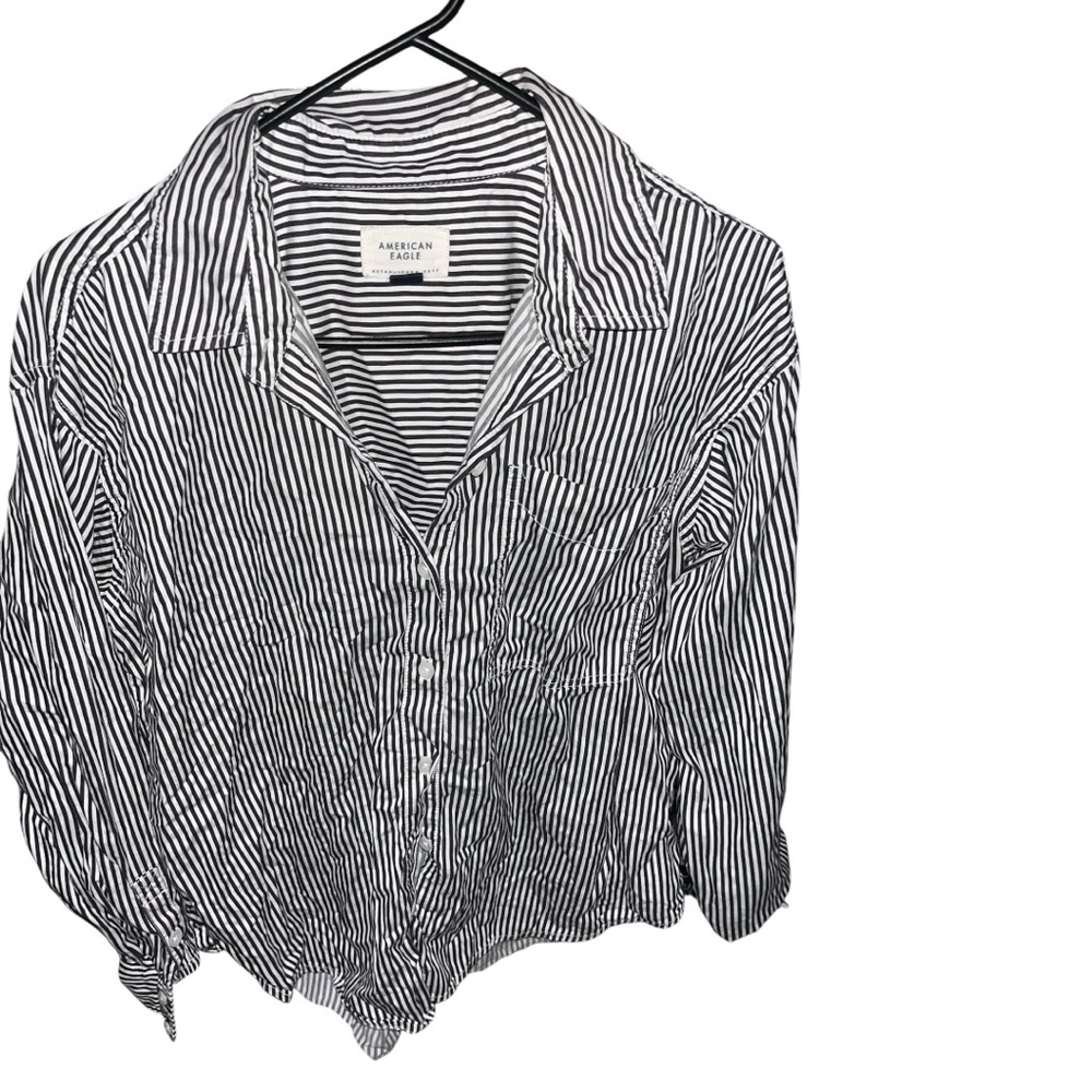 2/$20 🩷American Eagle Women’s Striped Button Up Blouse SIZE SMALL BLACK WHITE